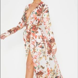 Floral Print Plunge Long Sleeve Maxi Dress